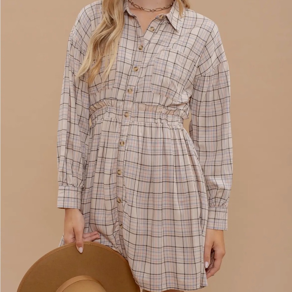 Blu Pepper Plaid Collared Button Down Long Sleeve Dress